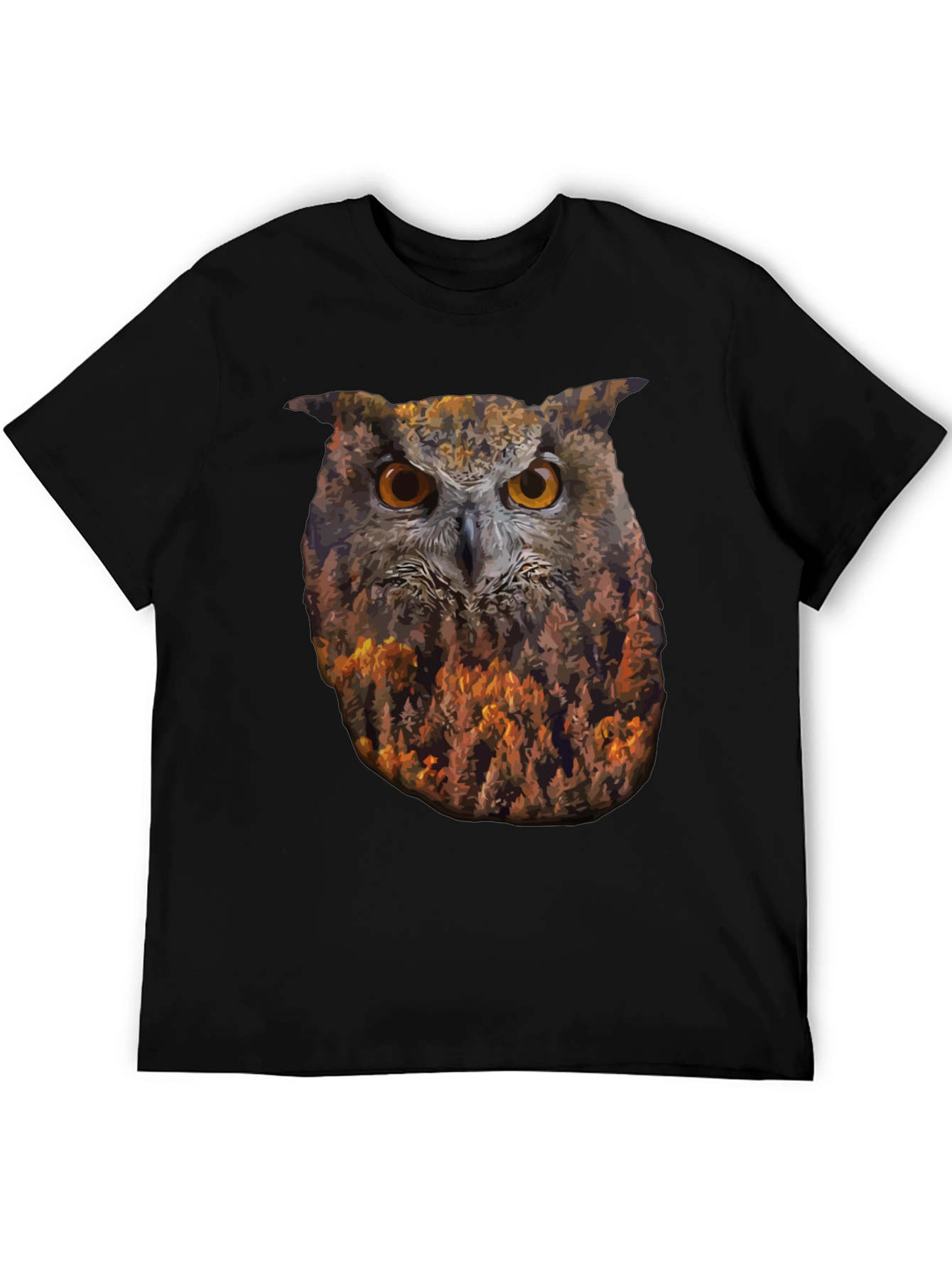 Camiseta Negra con Diseño de Búho y Bosque