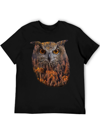 Camiseta Negra con Diseño de Búho y Bosque