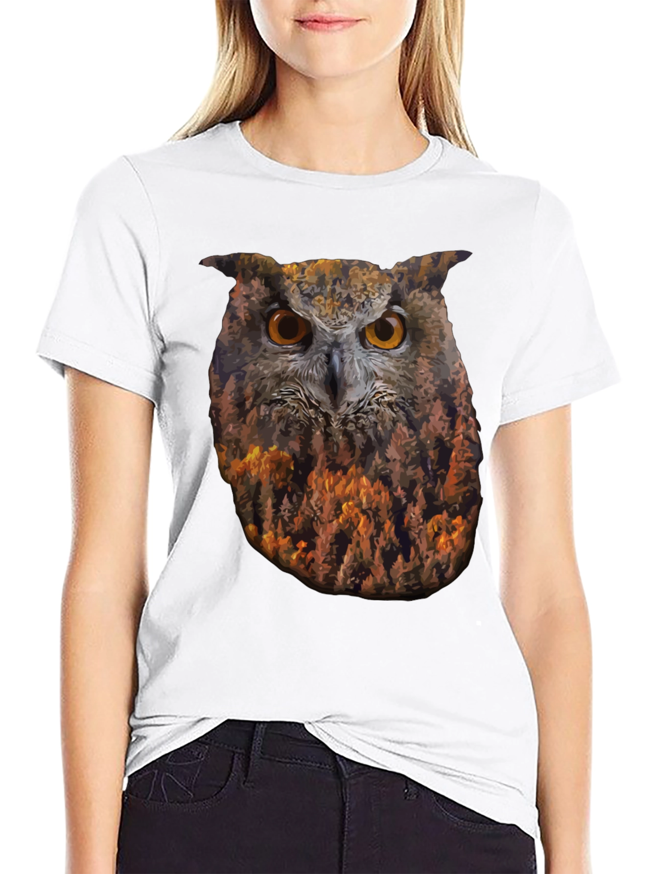 Camiseta Negra con Diseño de Búho y Bosque