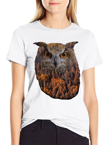 Camiseta Negra con Diseño de Búho y Bosque