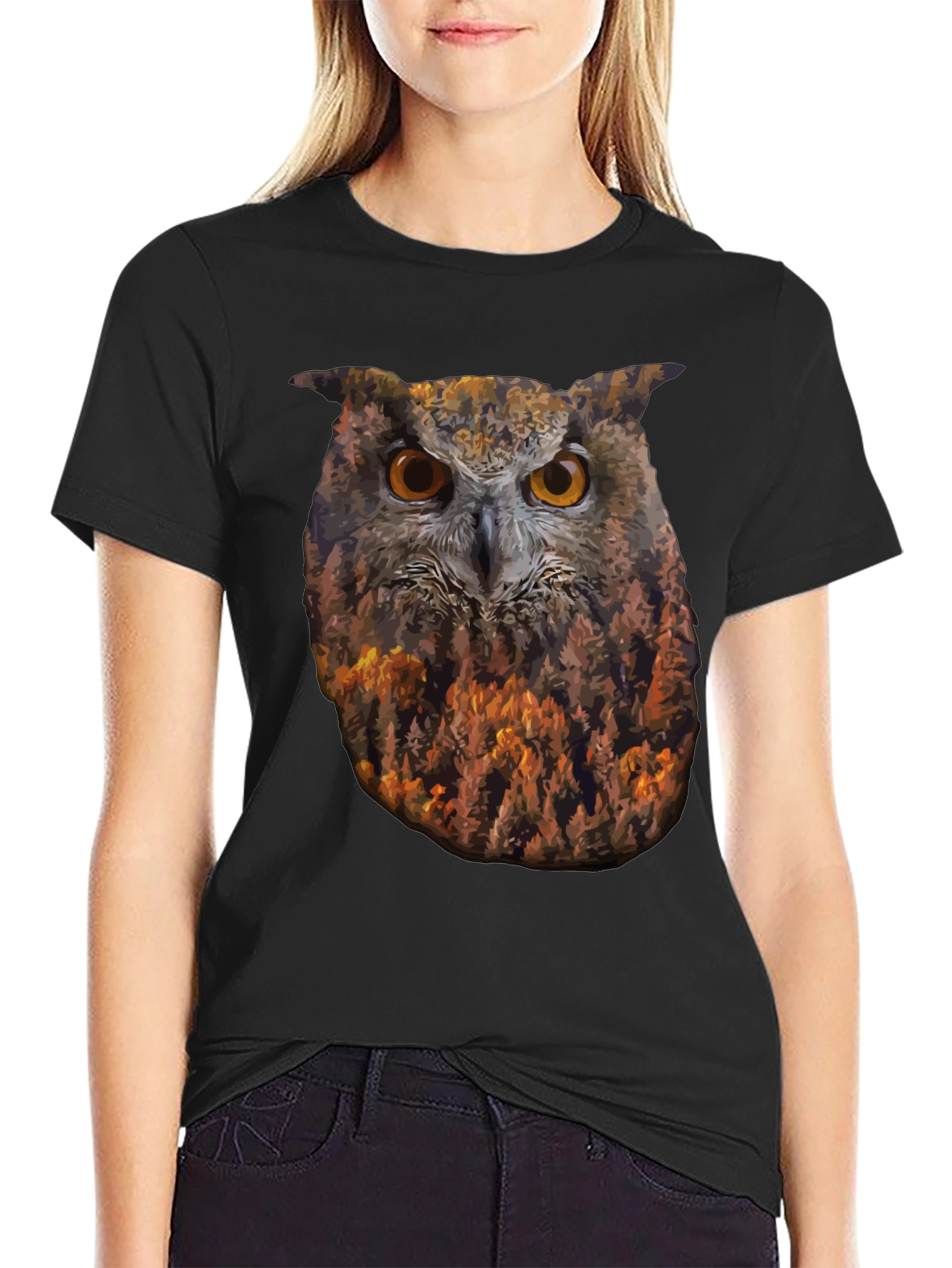 Camiseta Negra con Diseño de Búho y Bosque