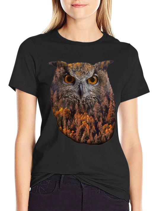 Camiseta Negra con Diseño de Búho y Bosque