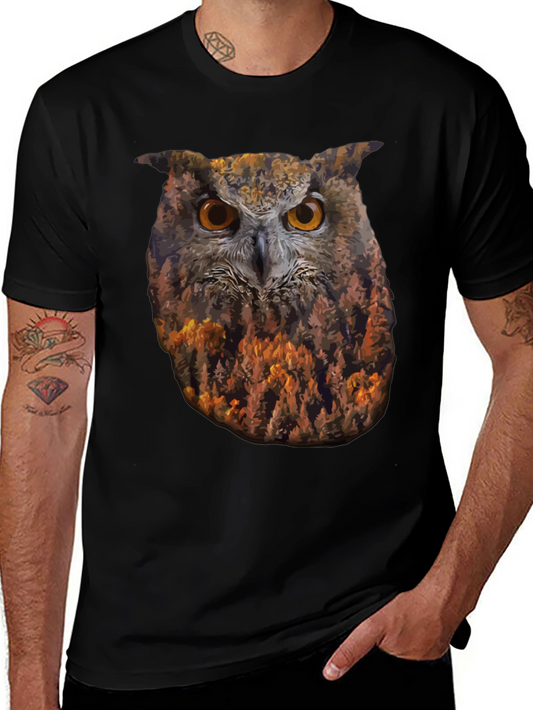 Camiseta Negra con Diseño de Búho y Bosque