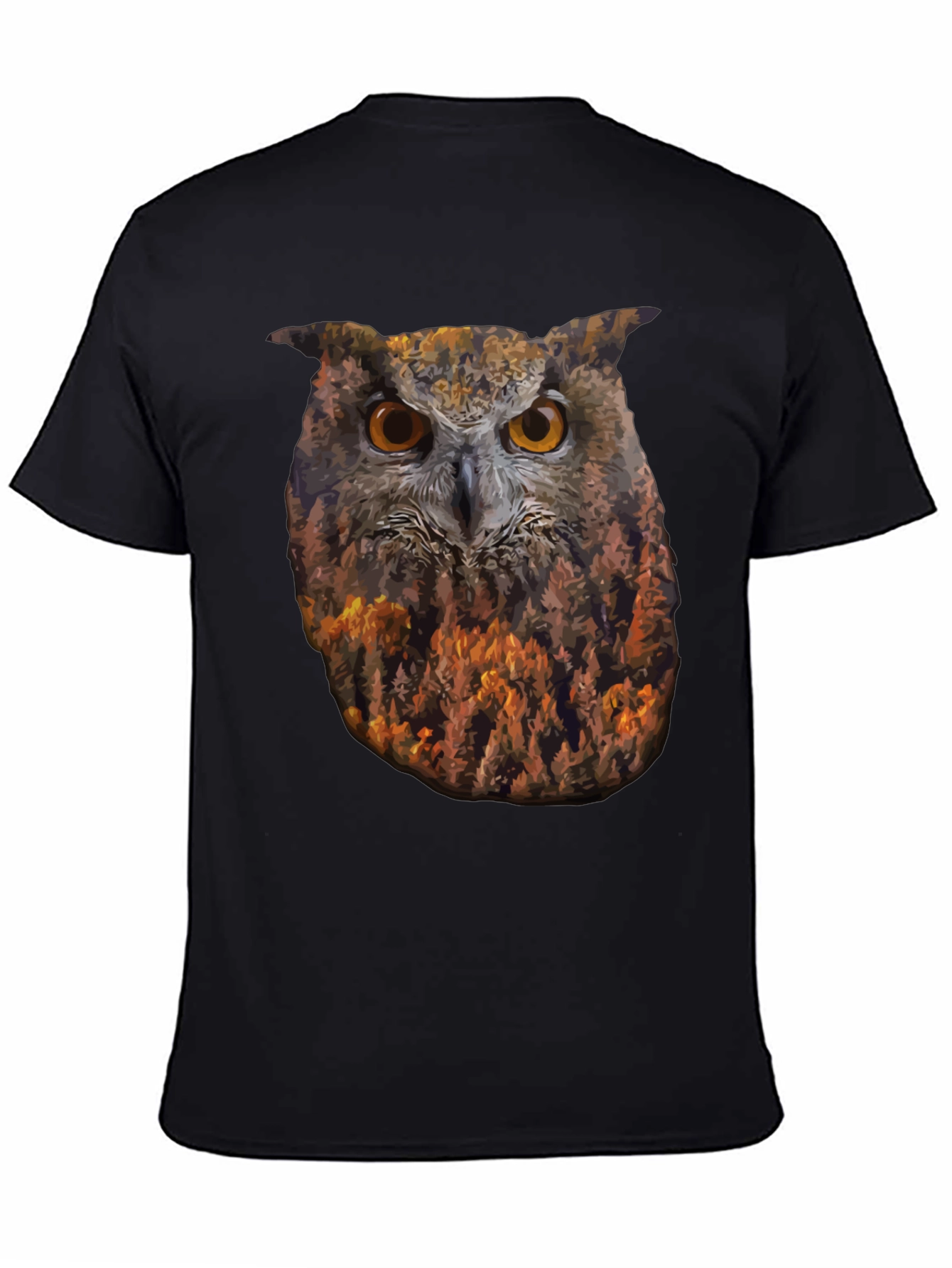 Camiseta Negra con Diseño de Búho y Bosque