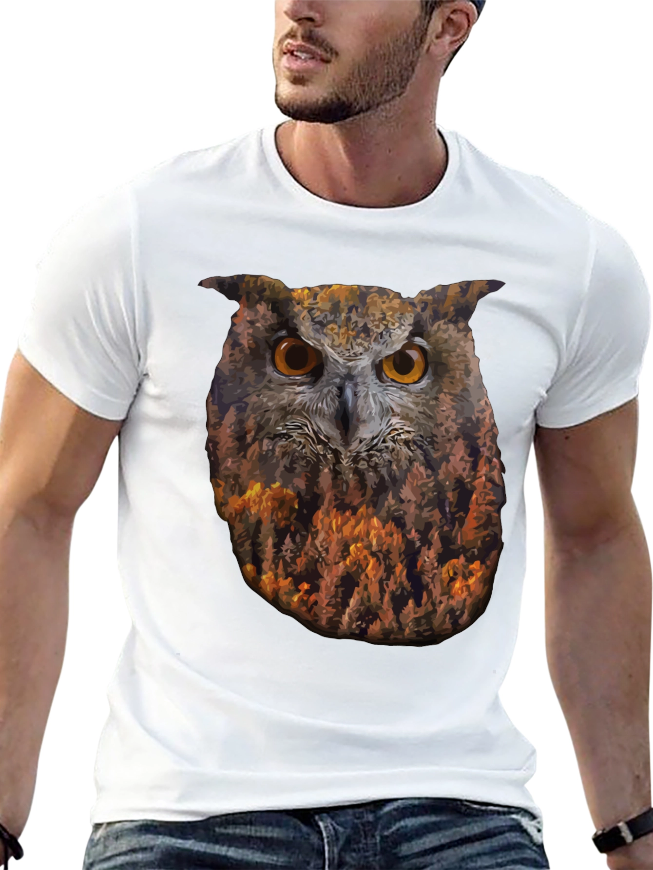 Camiseta Negra con Diseño de Búho y Bosque