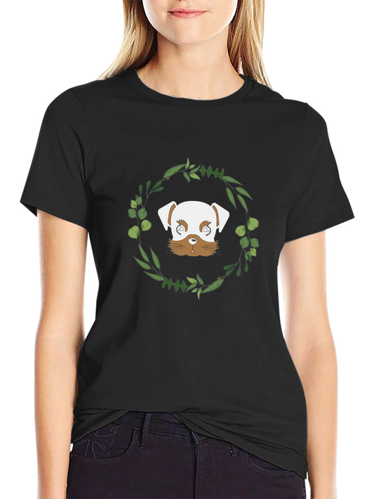 Camiseta Negra con Diseño de Cachorro y Corona Floral