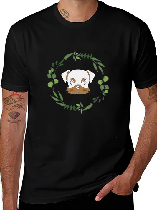 Camiseta Negra con Diseño de Cachorro y Corona Floral