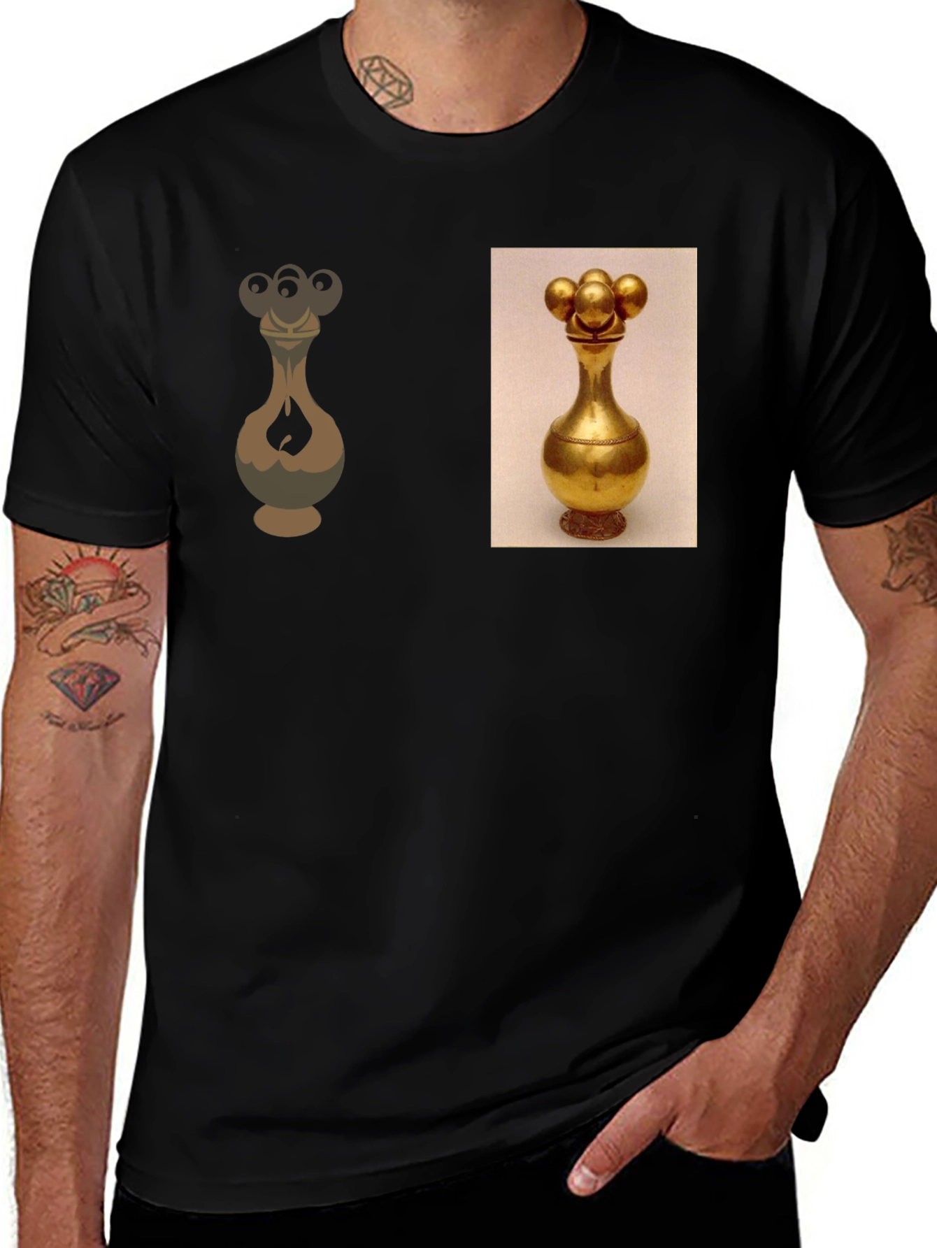 Camiseta Negra con Diseño de Vaso Dorado