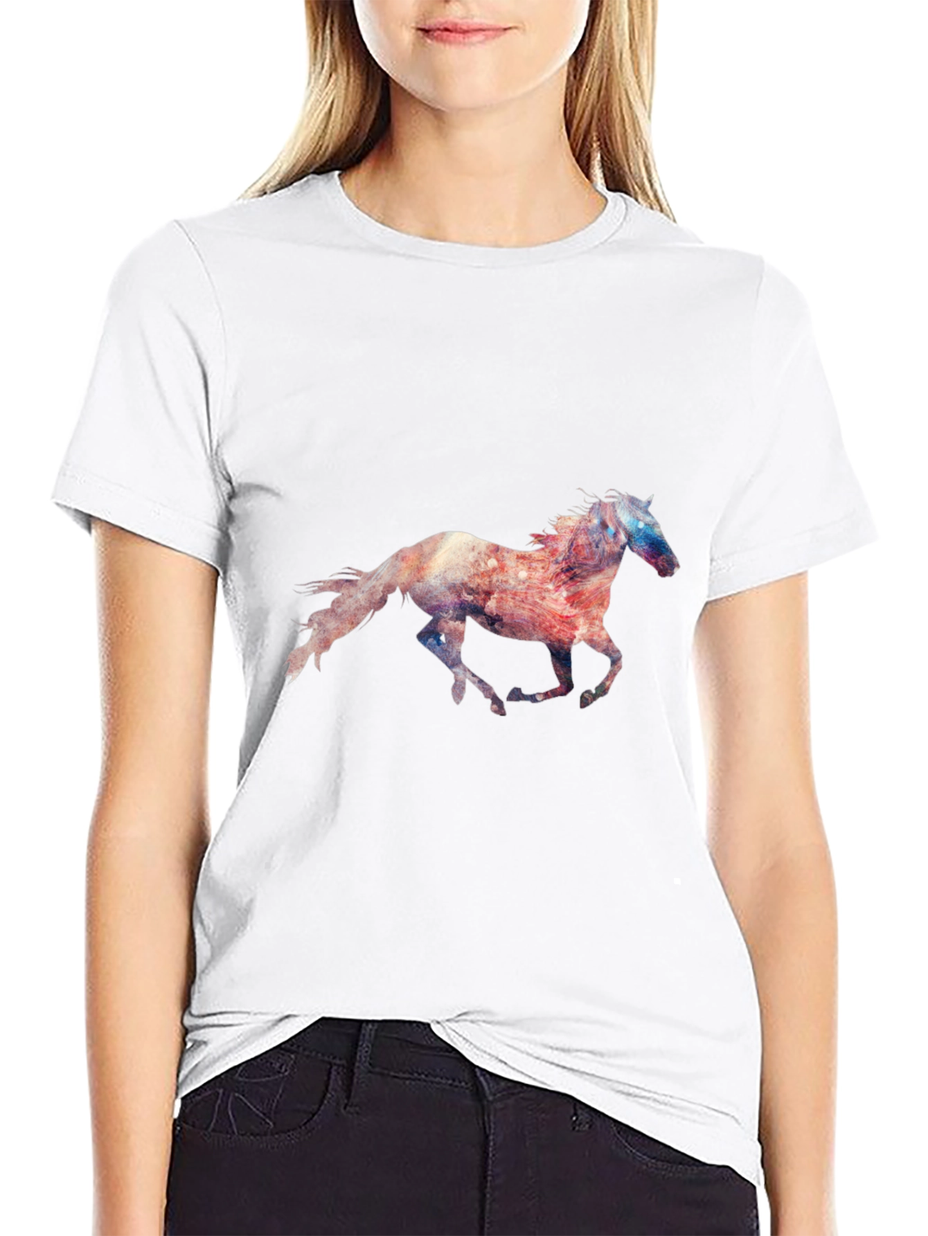 Camiseta Negra con Estampado de Caballo Galopando