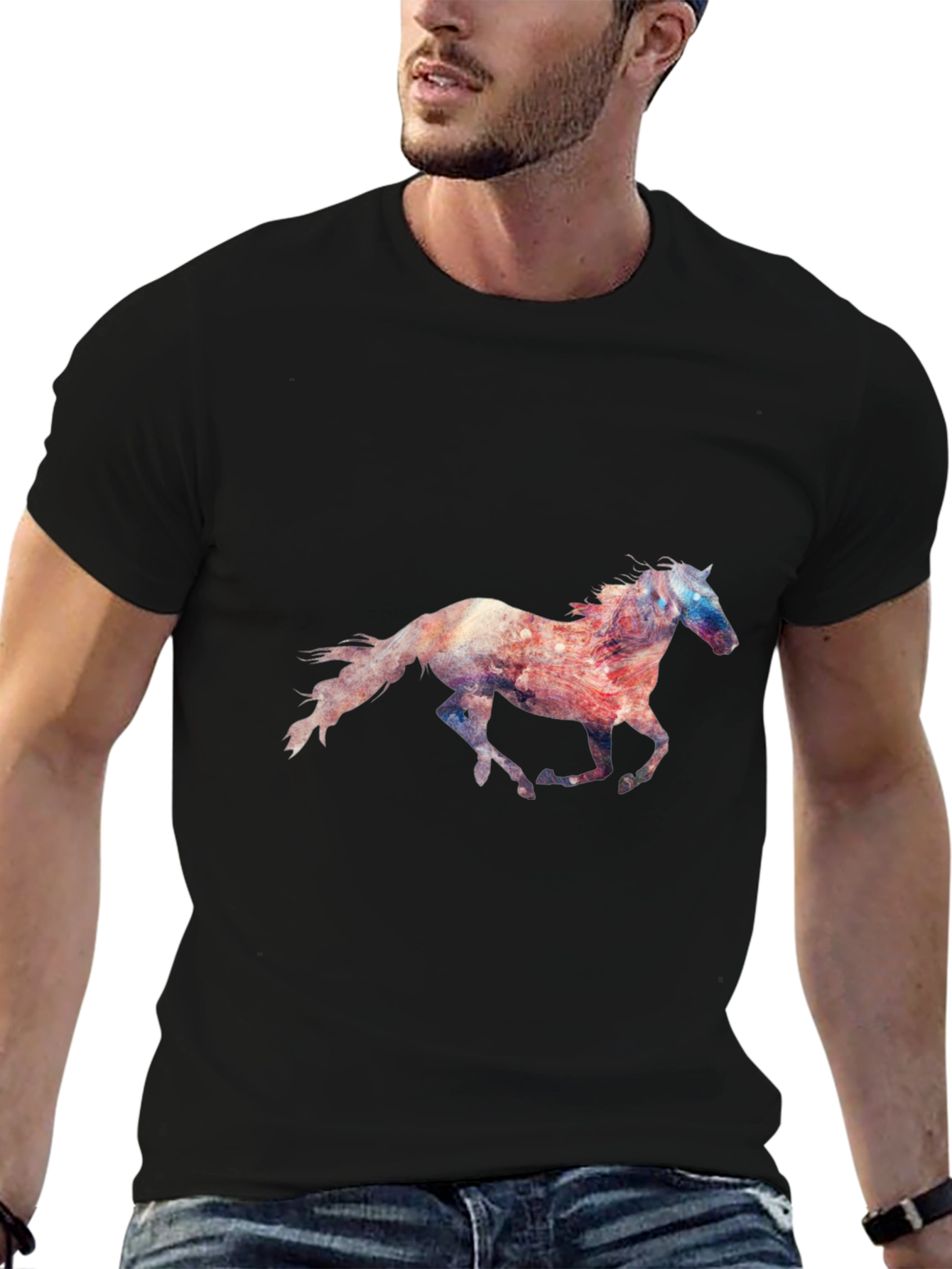 Camiseta Negra con Estampado de Caballo Galopando