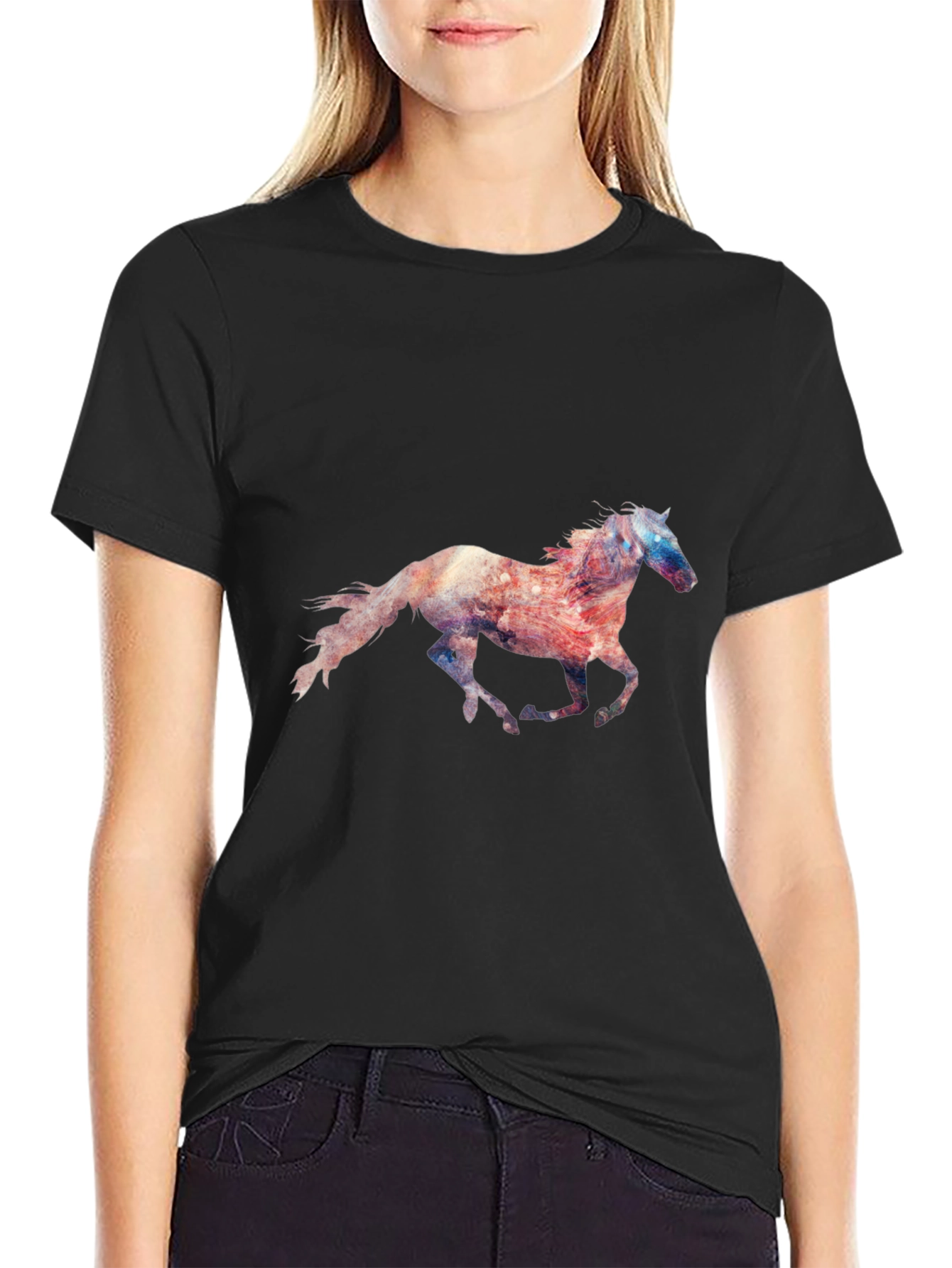 Camiseta Negra con Estampado de Caballo Galopando
