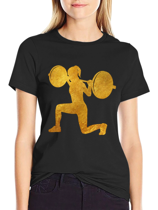 Camiseta Negra Deportiva con Diseño Dorado de Levantamiento