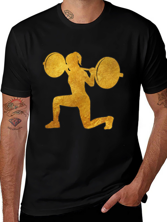 Camiseta Negra Deportiva con Diseño Dorado de Levantamiento