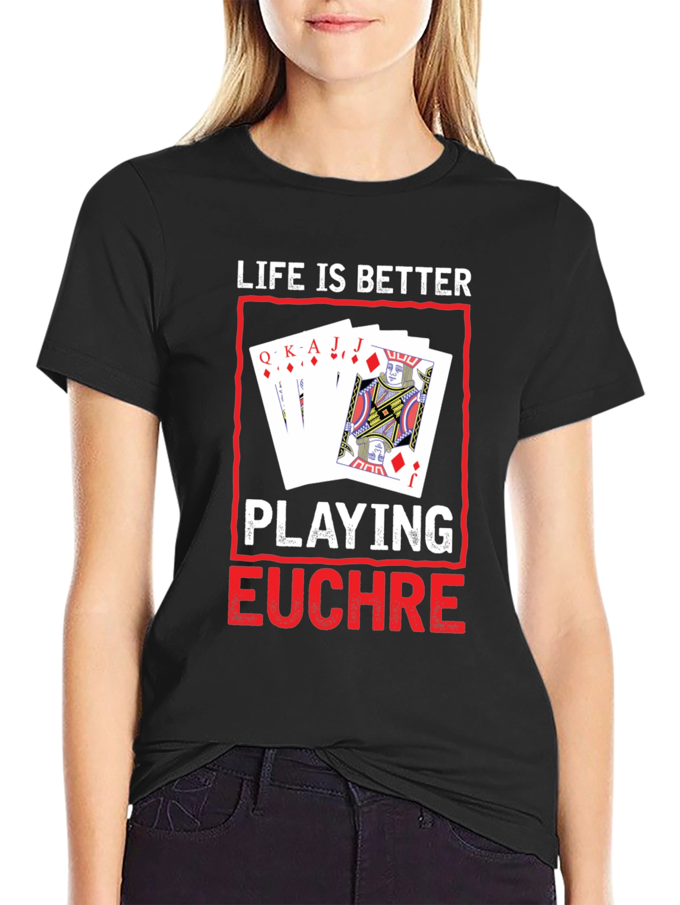 Camiseta Negra con Diseño de Juego de Cartas Euchre