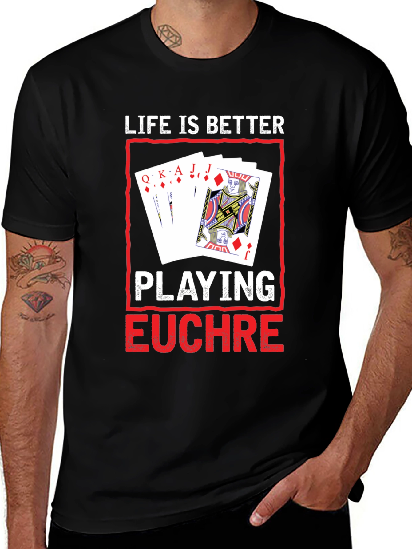 Camiseta Negra con Diseño de Juego de Cartas Euchre