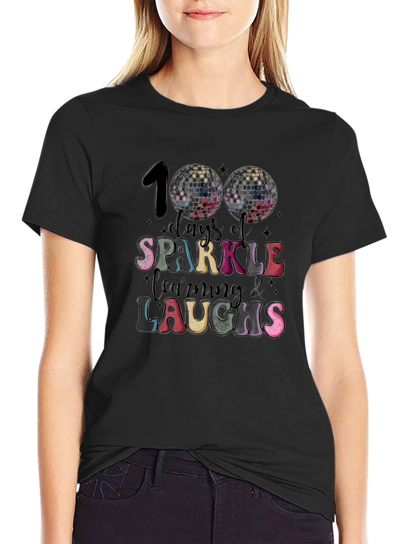 Camiseta Negra 100 Días de Brillo Aprendizaje y Risas