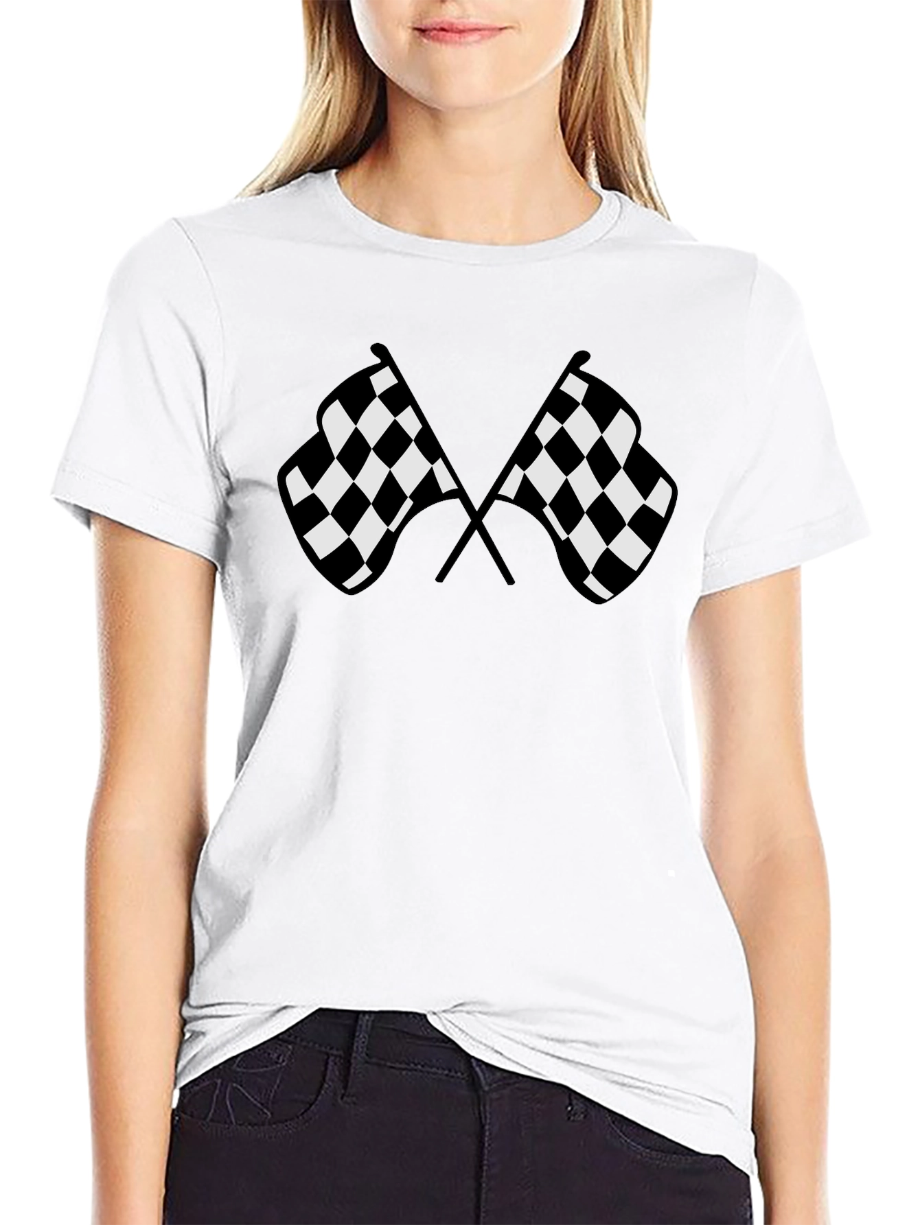 Camiseta Negra con Diseño de Banderas a Cuadros