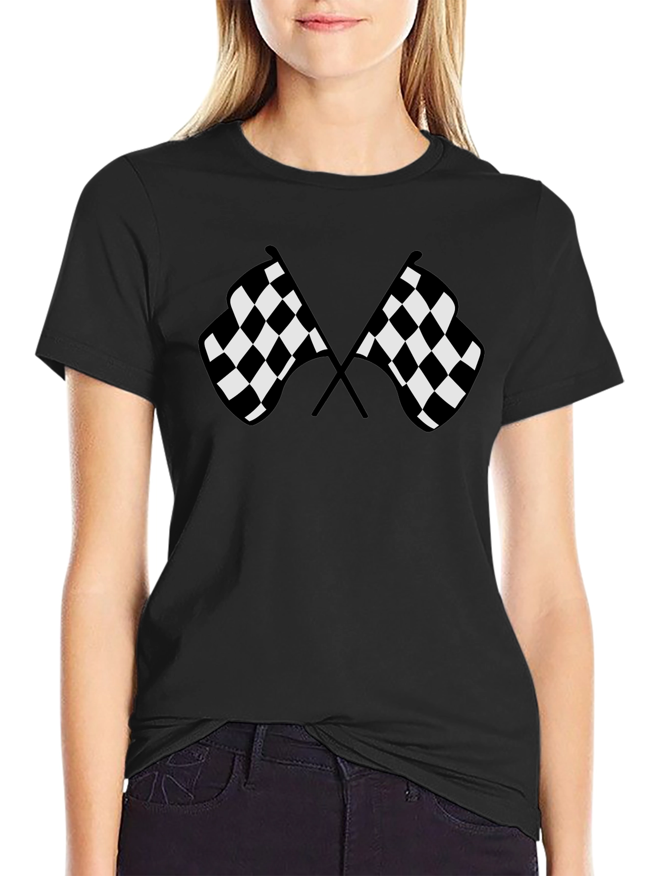 Camiseta Negra con Diseño de Banderas a Cuadros