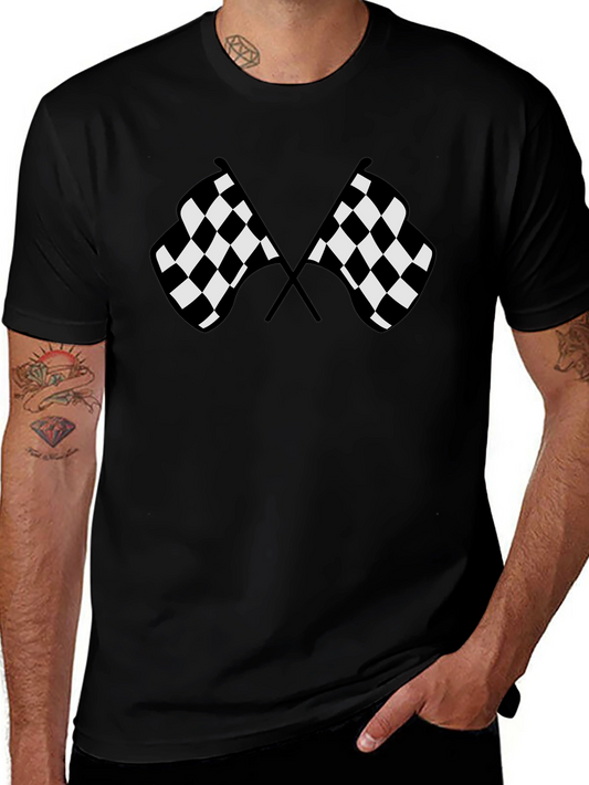 Camiseta Negra con Diseño de Banderas a Cuadros