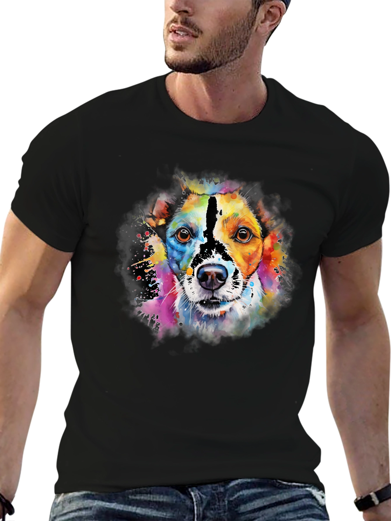 Camiseta Negra con Diseño de Perro Acuarela