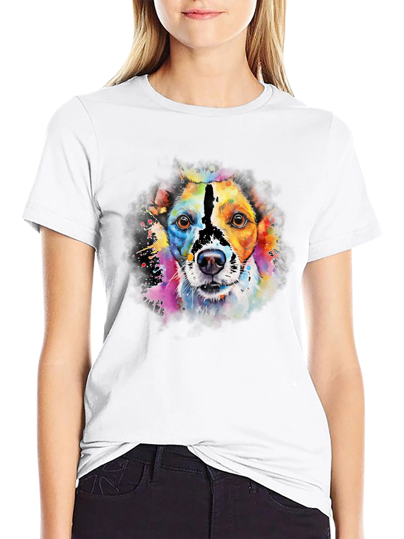 Camiseta Negra con Diseño de Perro Acuarela