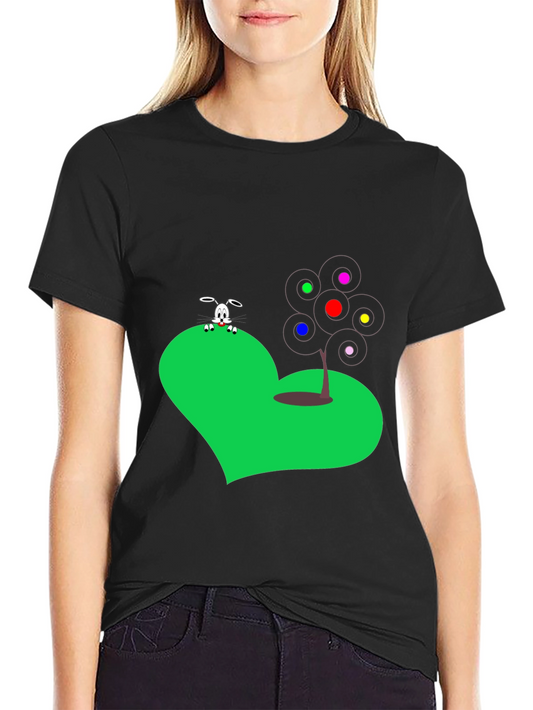 Camiseta Negra con Diseño de Corazón Verde y Personajes