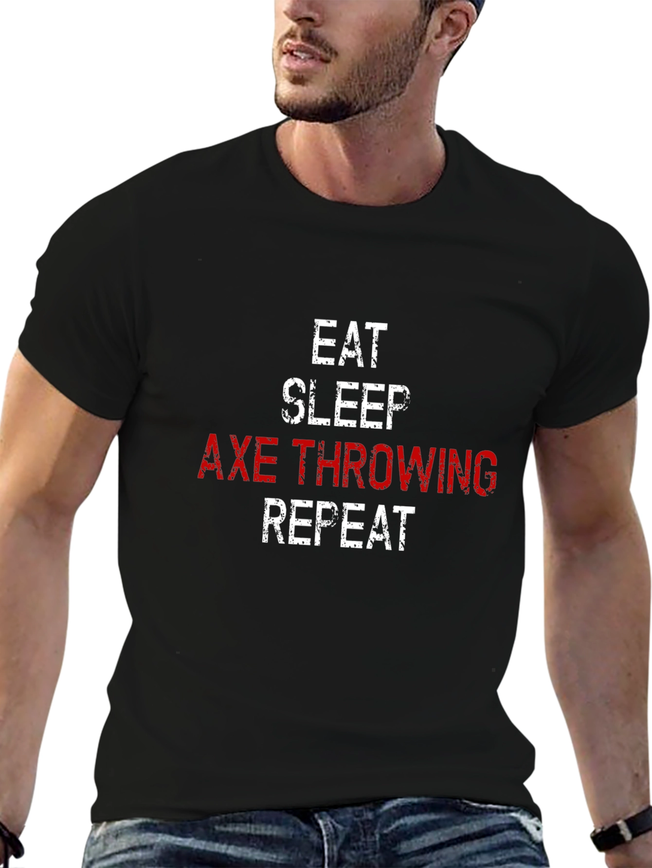 Camiseta Hombre: Come Duerme Lanza Hachas Repite