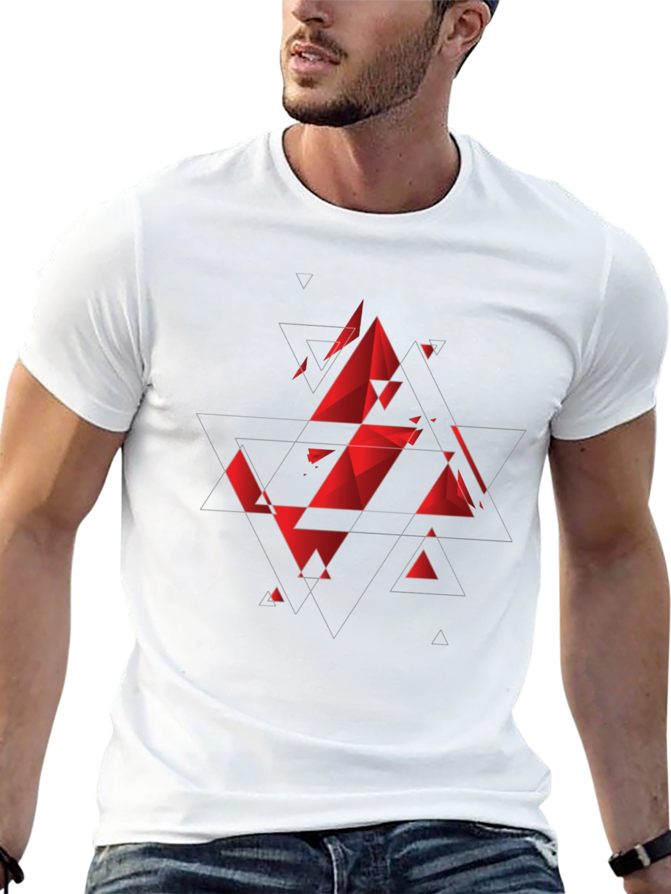 Camiseta Negra con Diseño Geométrico Rojo