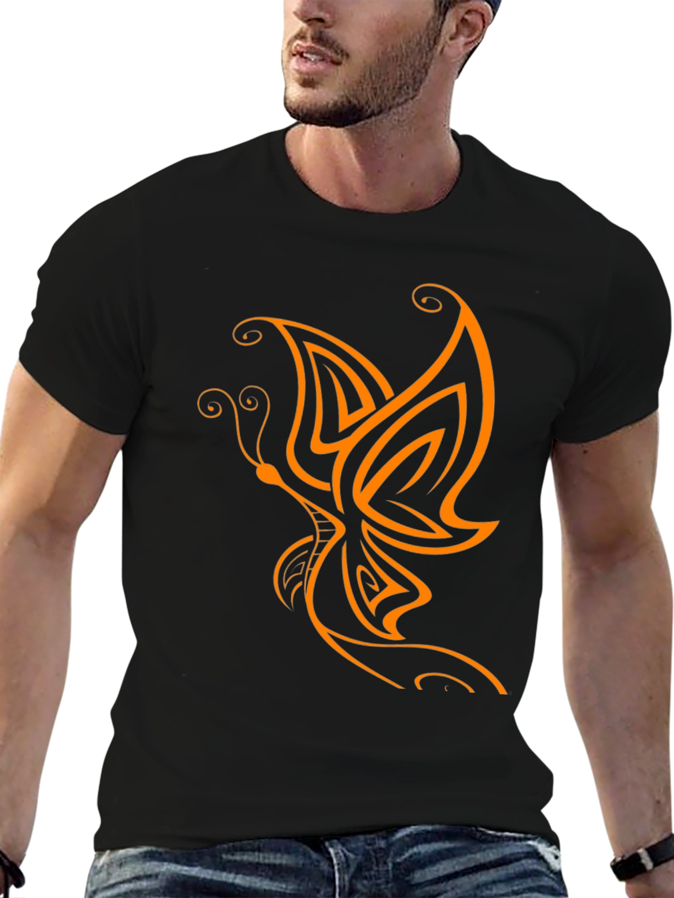 Camiseta Negra con Diseño de Mariposa Naranja