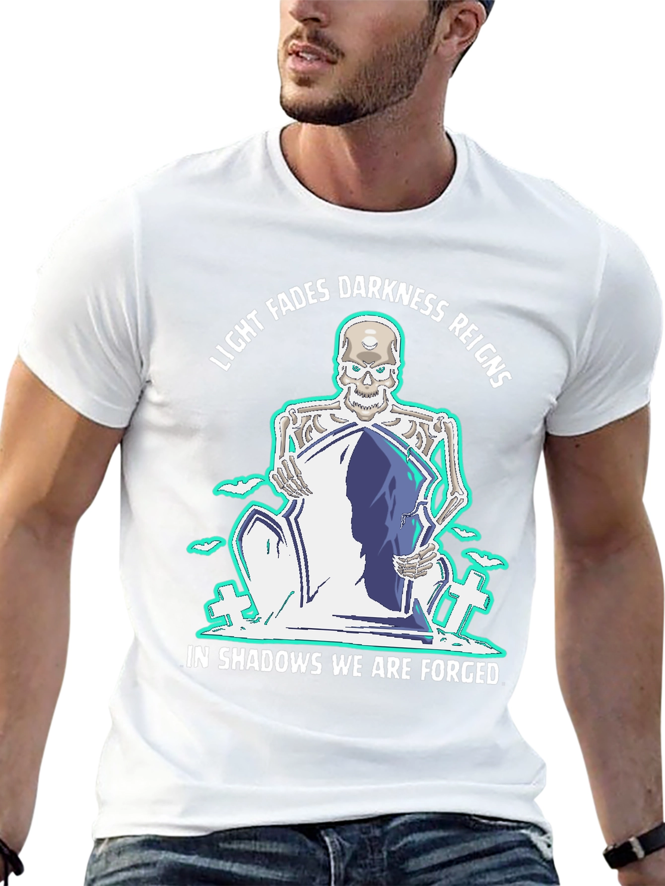 Camiseta Negra con Diseño Gótico de Esqueleto y Lema