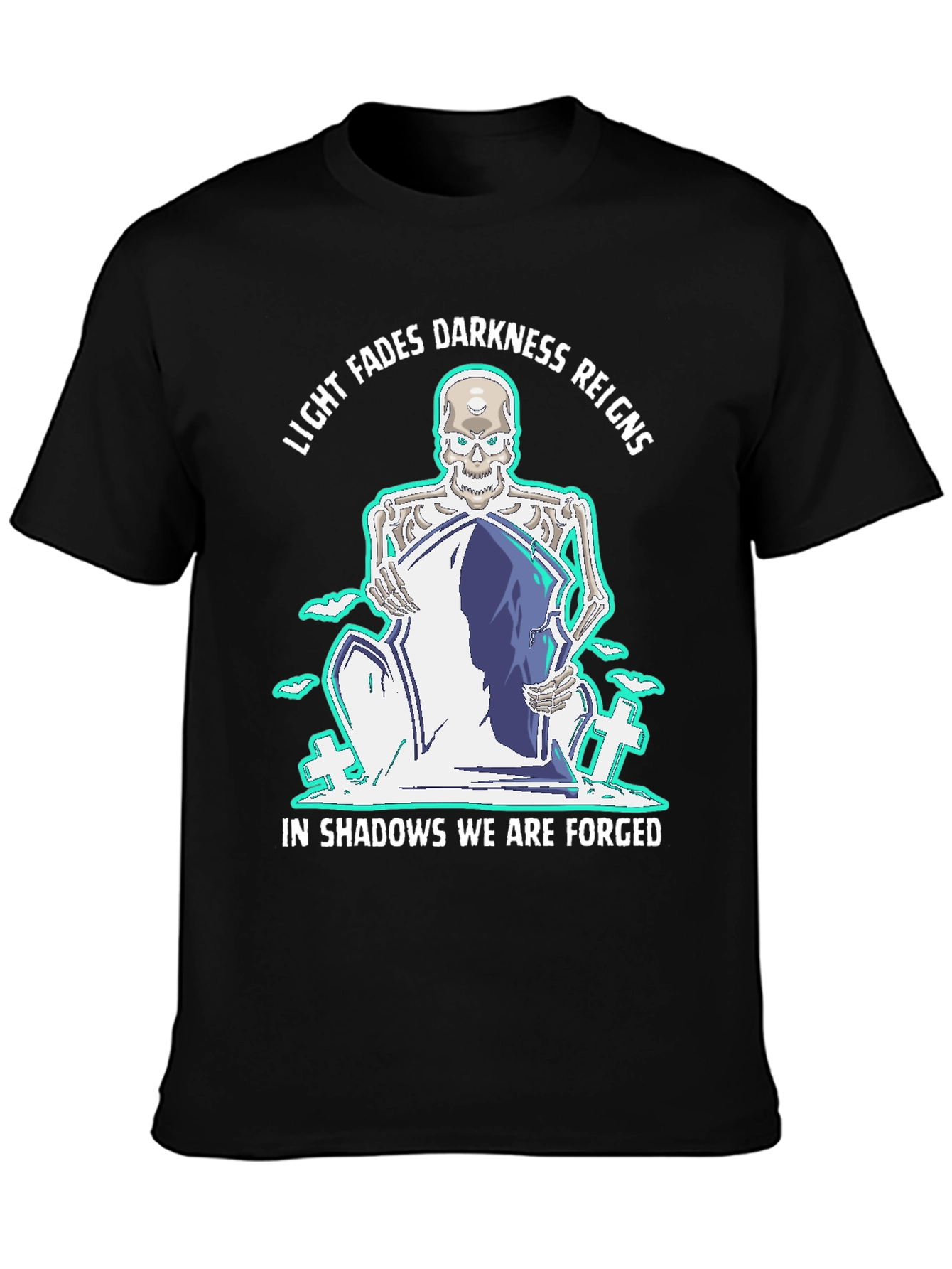 Camiseta Negra con Diseño Gótico de Esqueleto y Lema