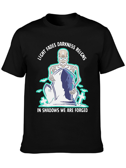 Camiseta Negra con Diseño Gótico de Esqueleto y Lema