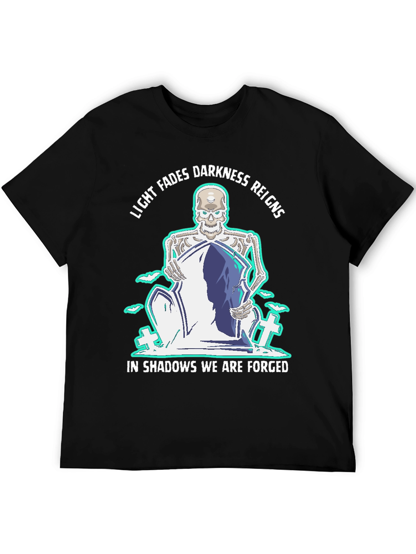 Camiseta Negra con Diseño Gótico de Esqueleto y Lema