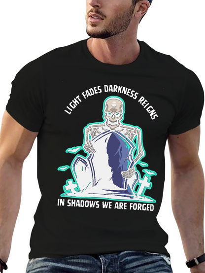 Camiseta Negra con Diseño Gótico de Esqueleto y Lema