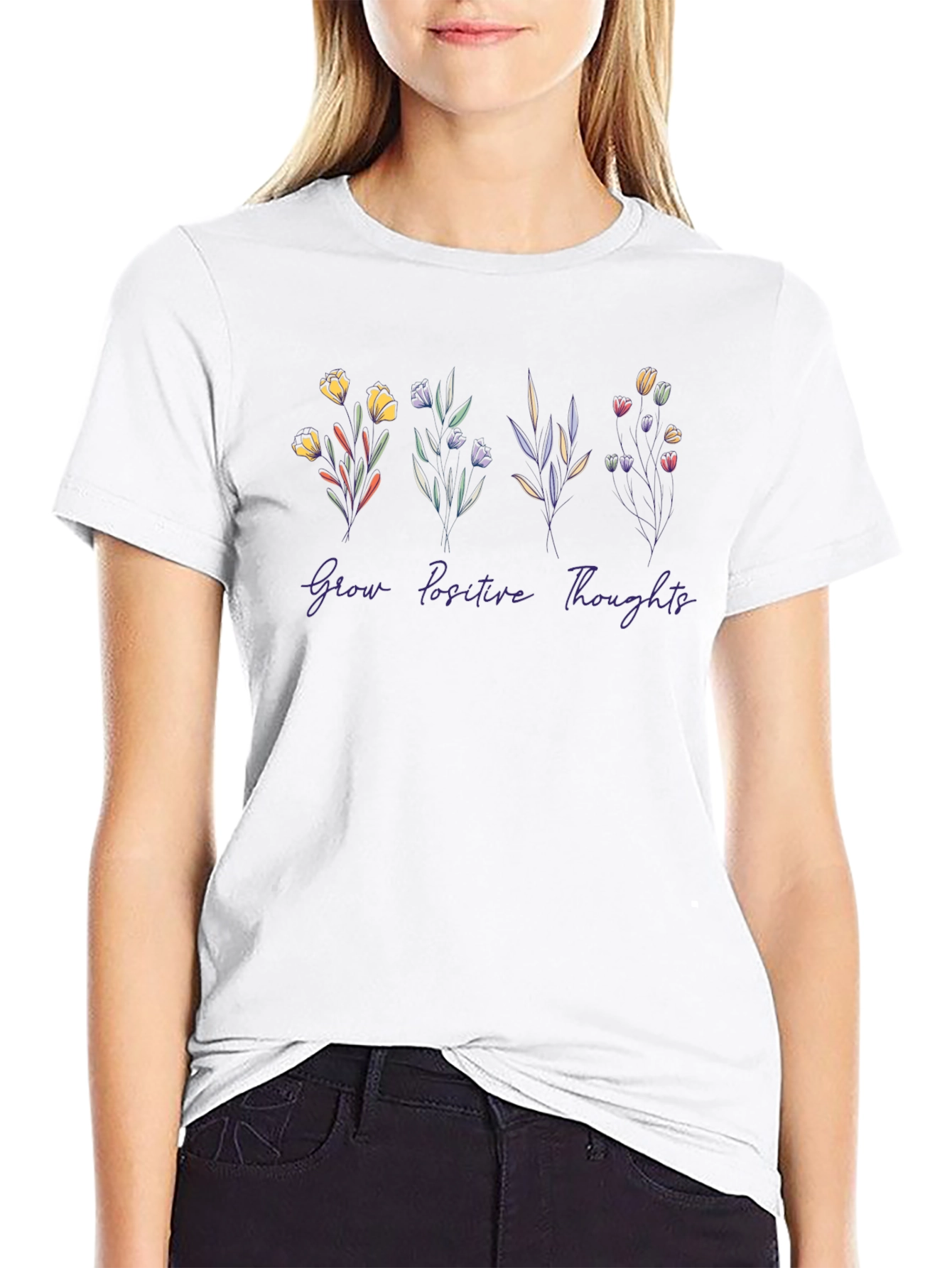 Camiseta Negra Flores Pensamientos Positivos