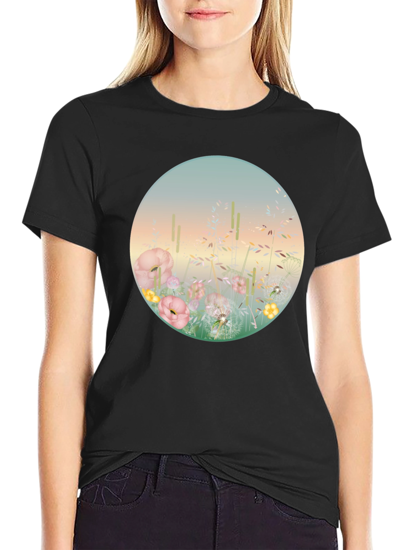 Camiseta Negra con Diseño Floral Circular