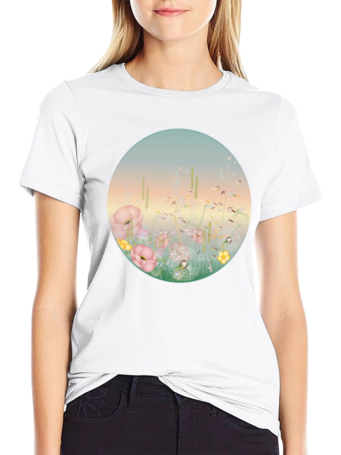 Camiseta Negra con Diseño Floral Circular