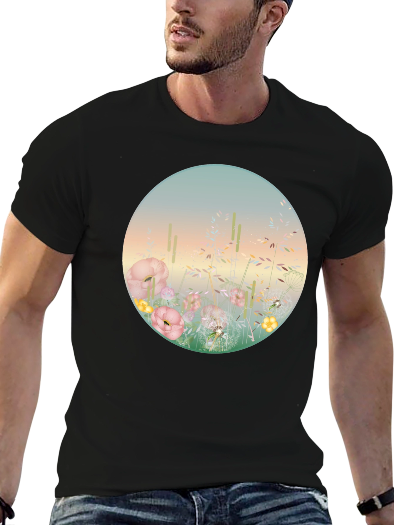Camiseta Negra con Diseño Floral Circular