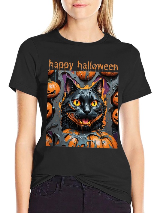 Camiseta Halloween Gato Negro y Calabazas