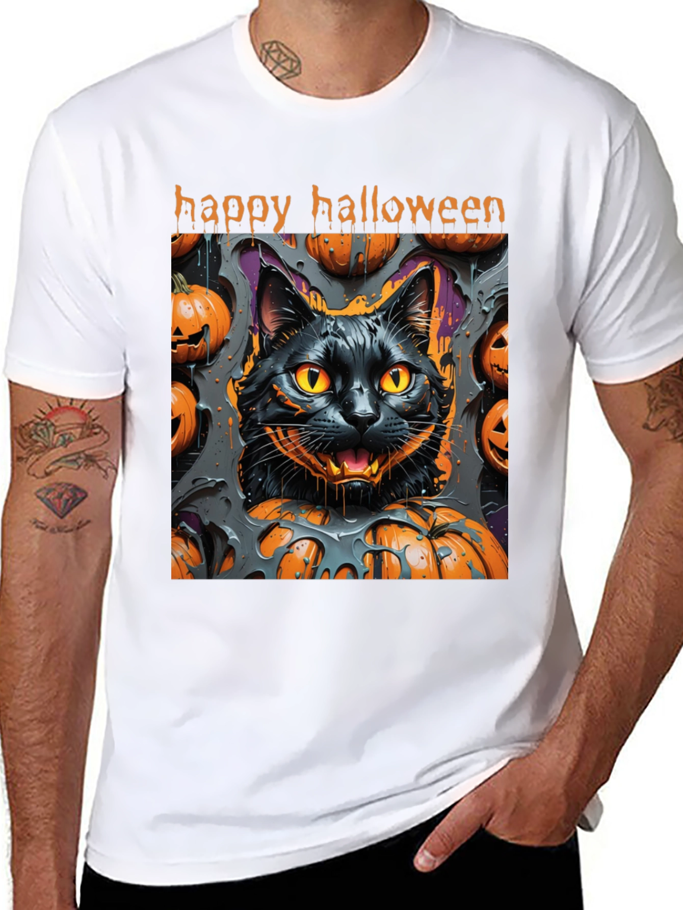 Camiseta Halloween Gato Negro y Calabazas