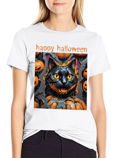 Camiseta Halloween Gato Negro y Calabazas