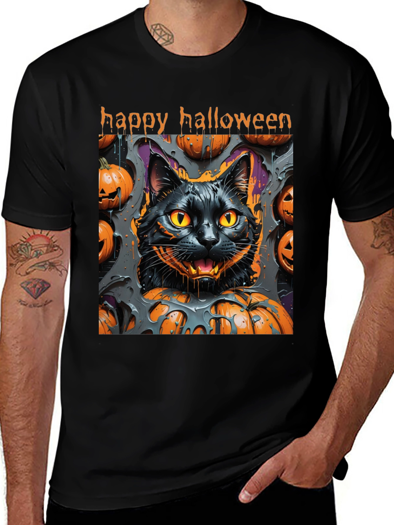 Camiseta Halloween Gato Negro y Calabazas