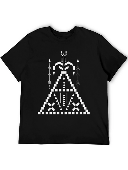 Camiseta Negra con Diseño Tribal Geométrico Blanco
