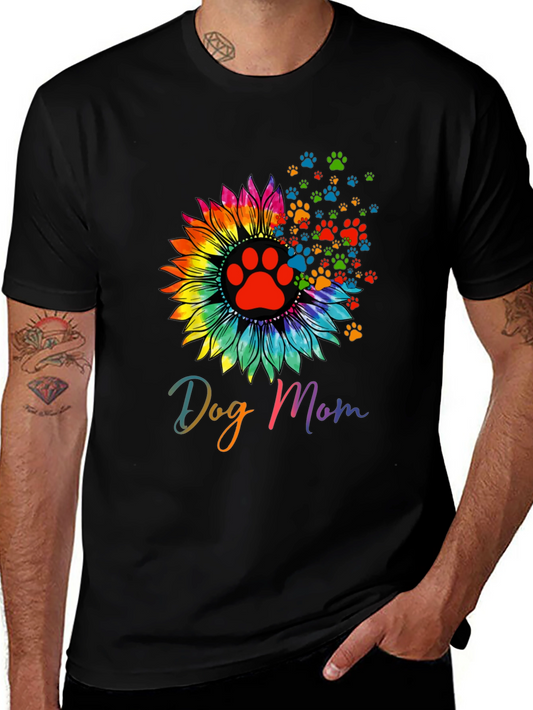 Camiseta Negra Dog Mom Girasol Huellas