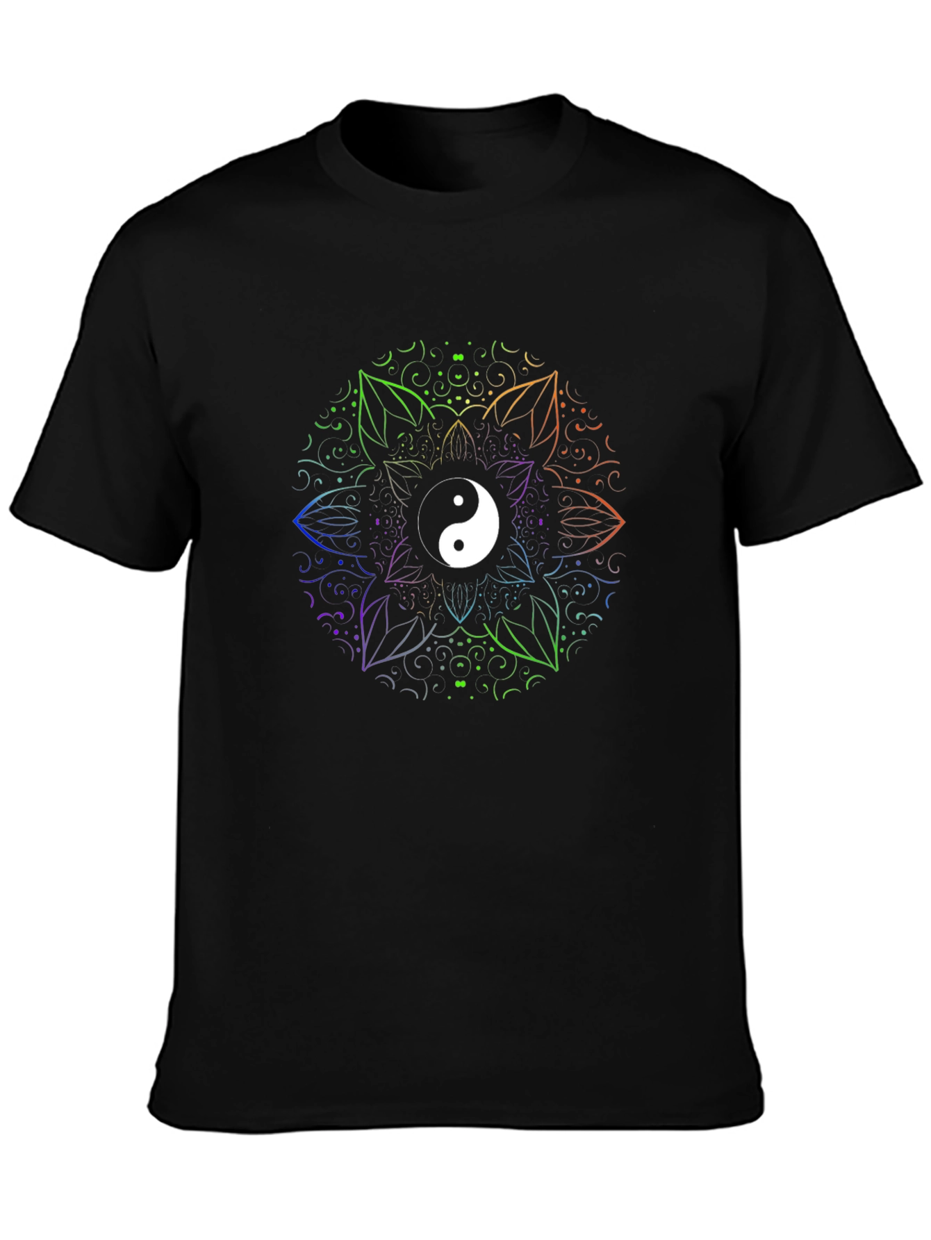Camiseta Negra con Yin Yang Mandala Arcoíris
