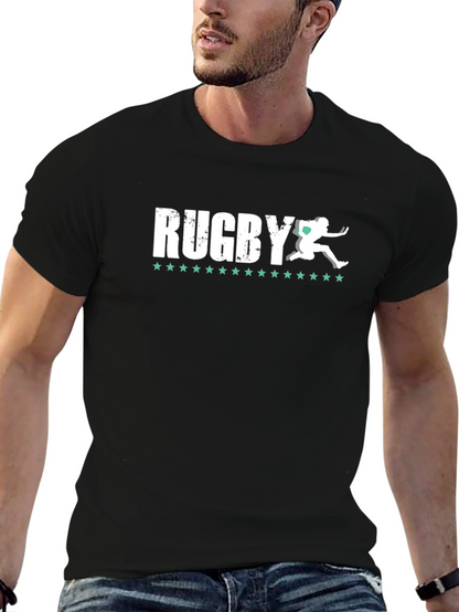 Camiseta Negra Rugby Hombre Diseño Jugador Estrellas