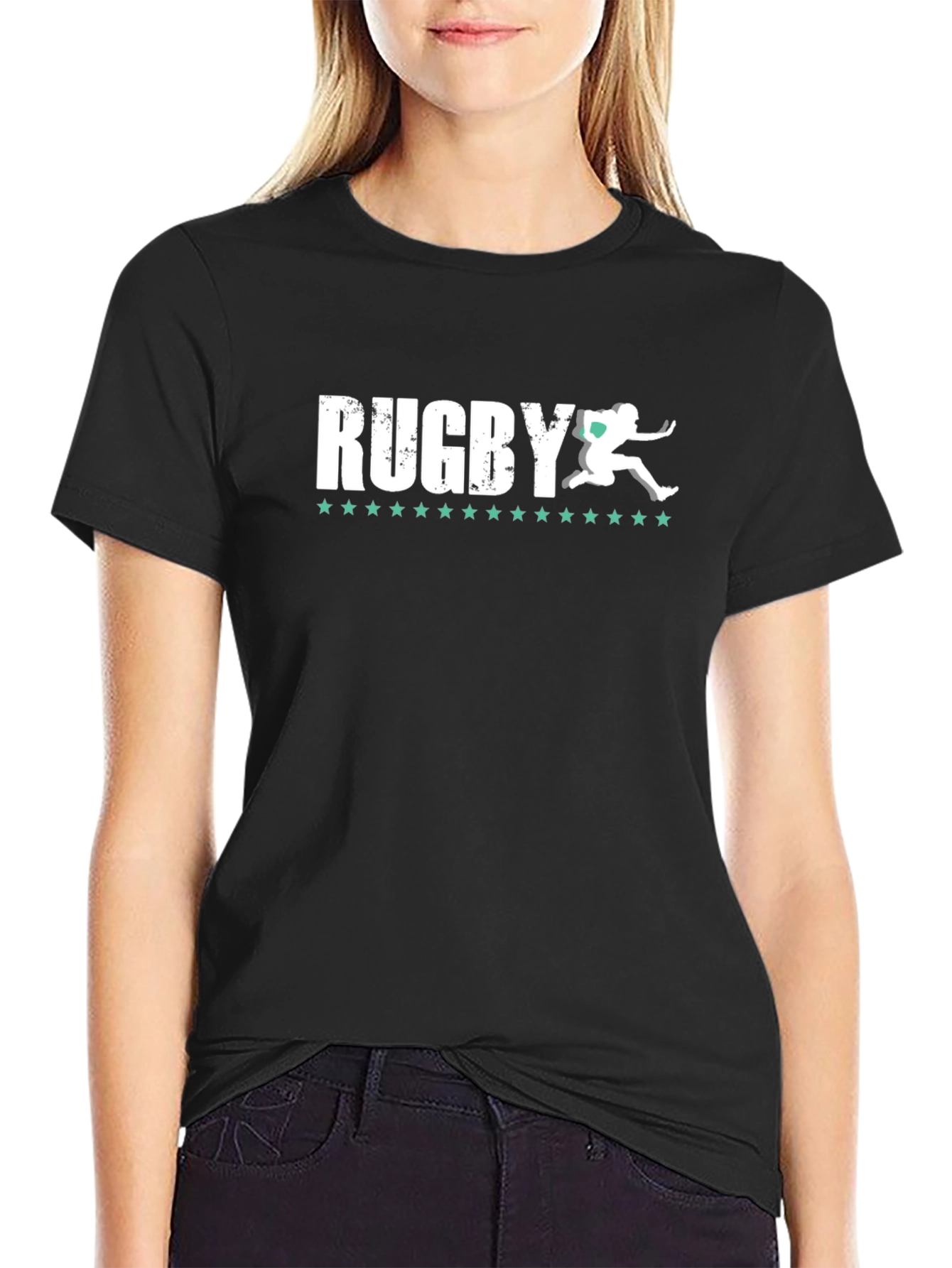 Camiseta Negra Rugby Hombre Diseño Jugador Estrellas