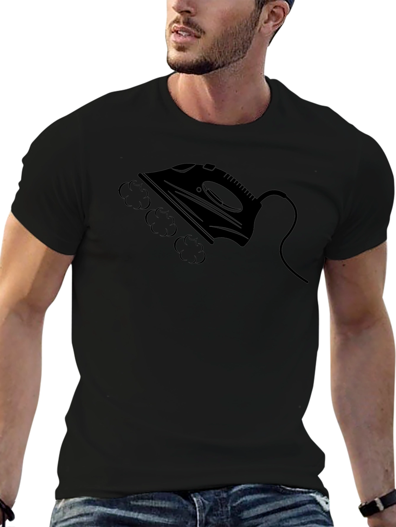 Camiseta Negra con Diseño de Plancha de Vapor