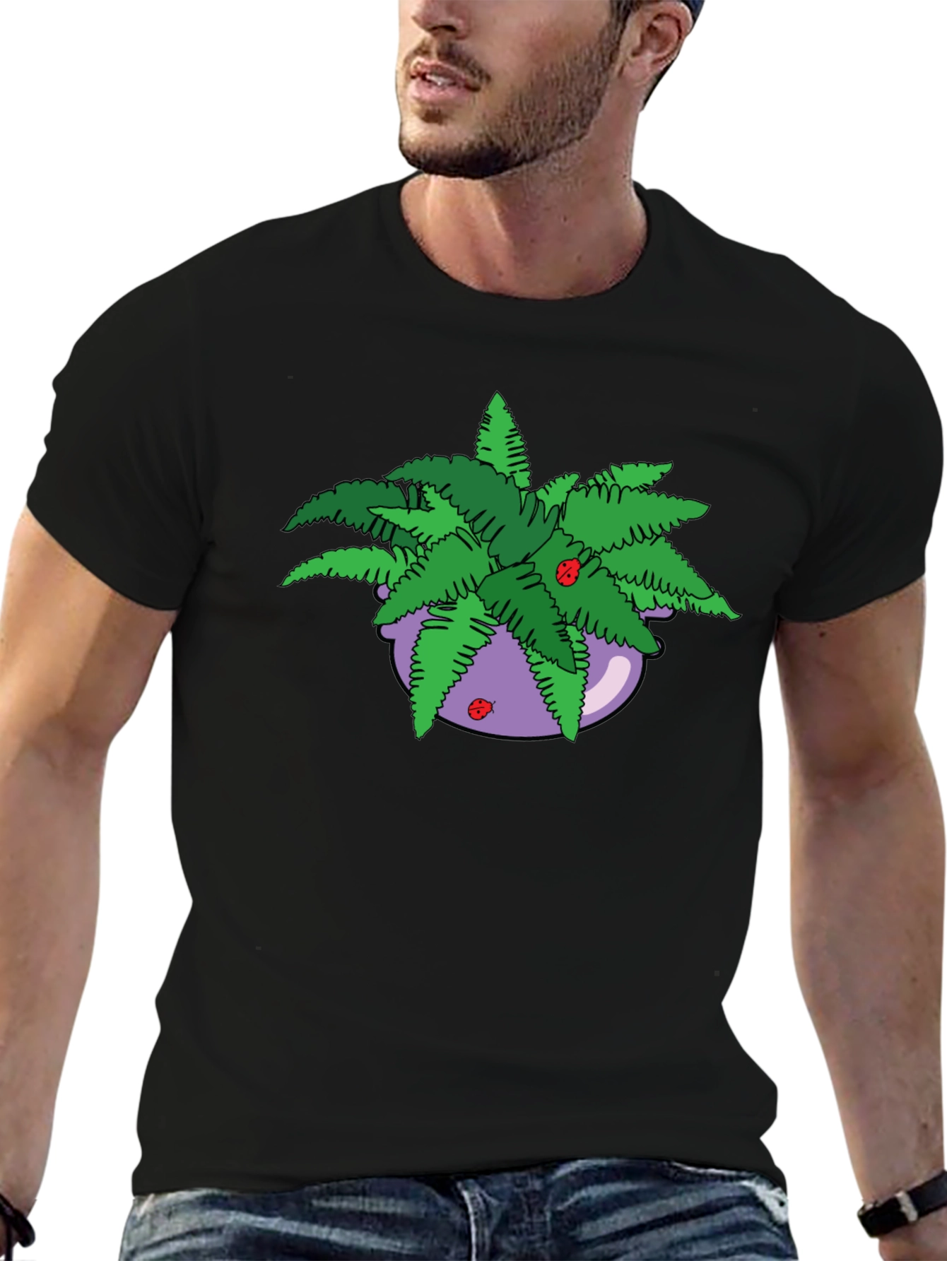 Camiseta Negra con Maceta de Helechos