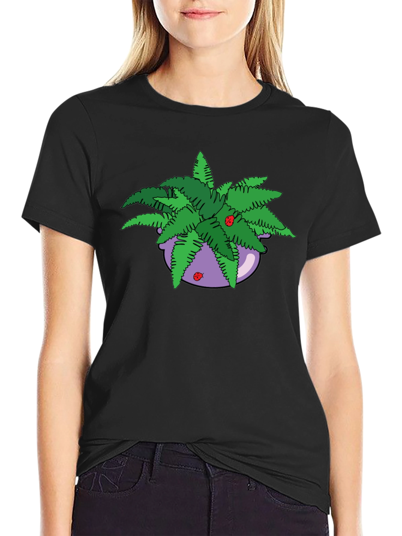 Camiseta Negra con Maceta de Helechos